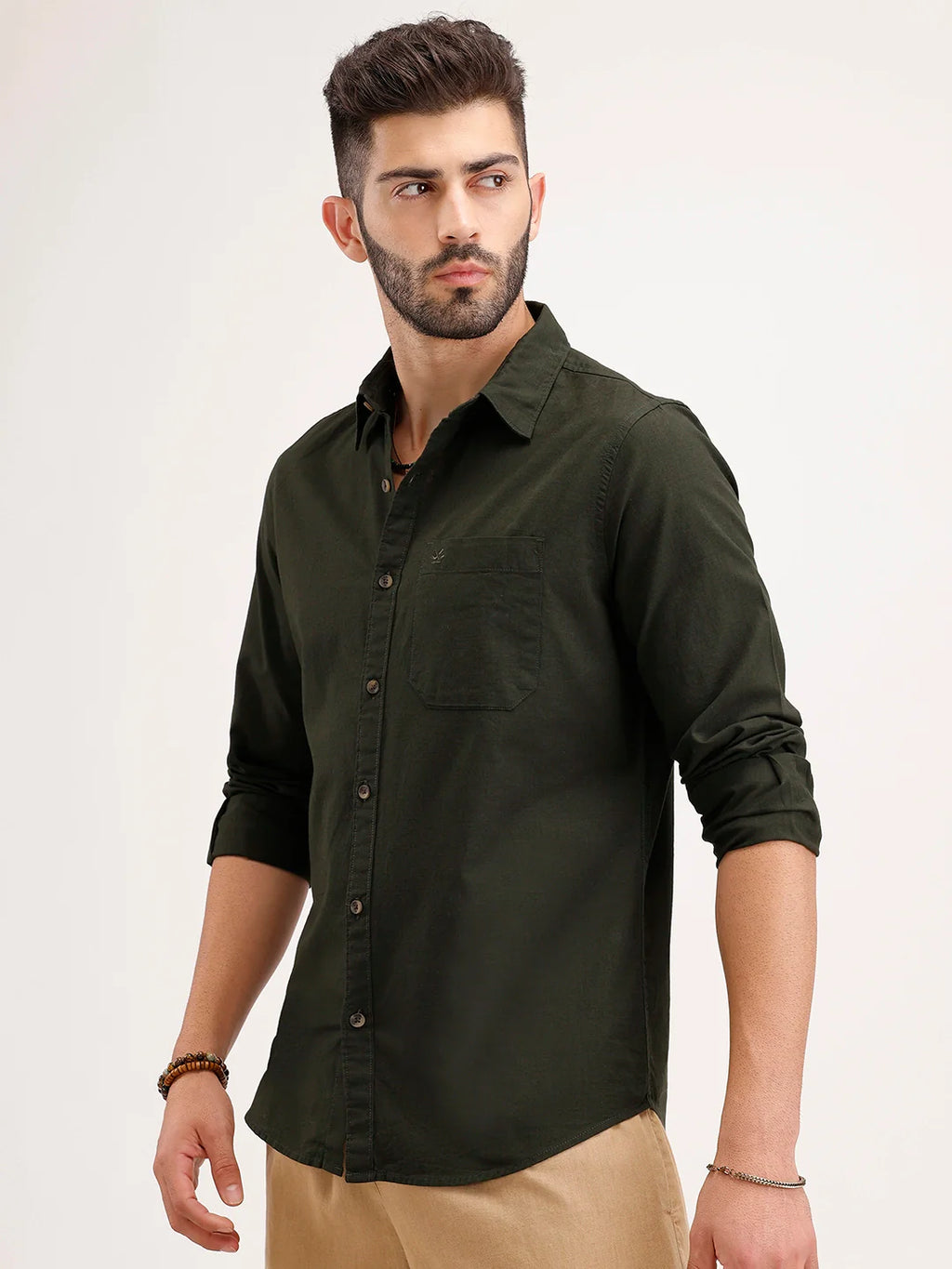 Solid Regular Fit Linen Blend Shirt | Olive