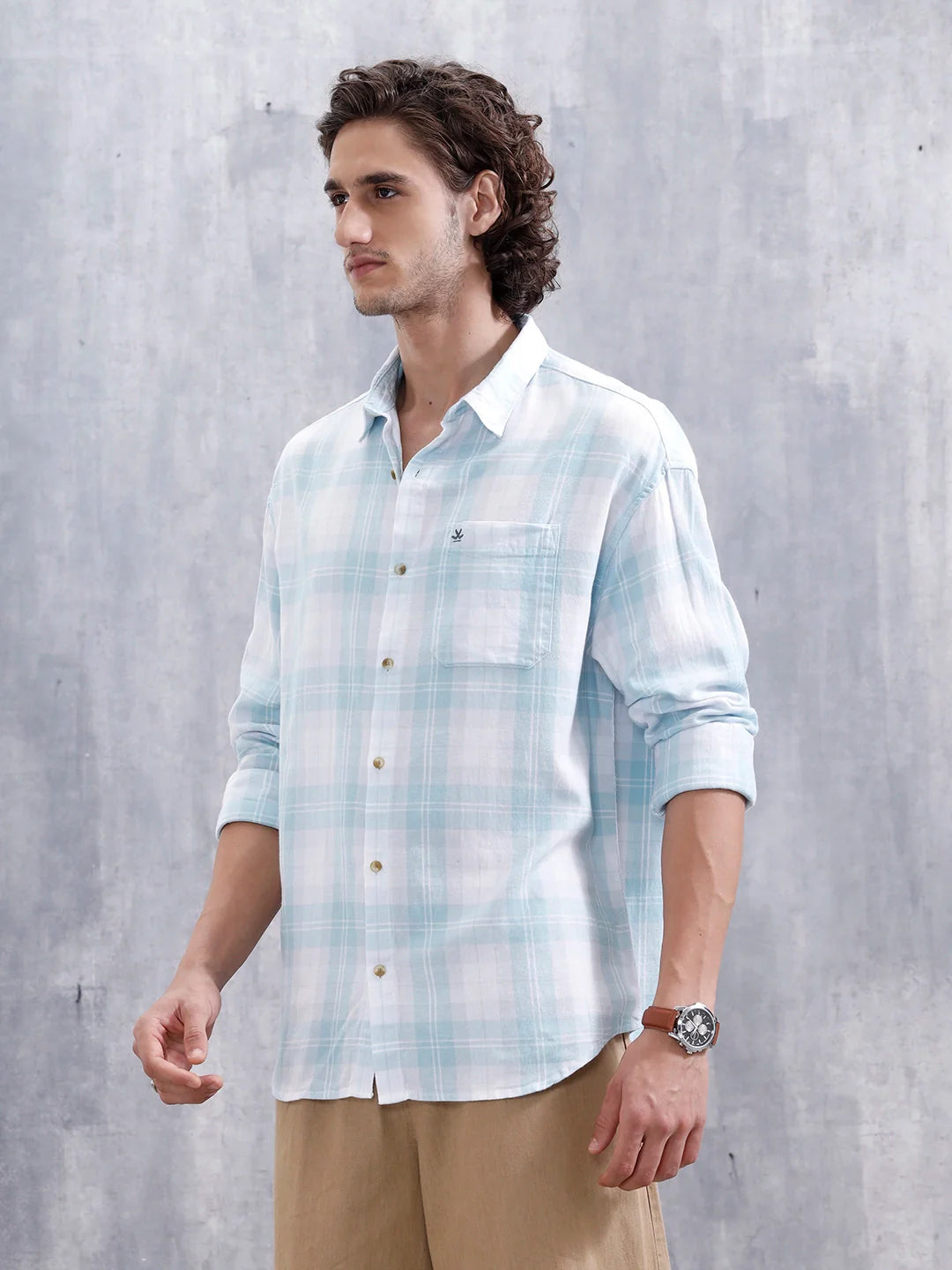 Men’S Boxy Fit Checkered Pattern Shirt | White