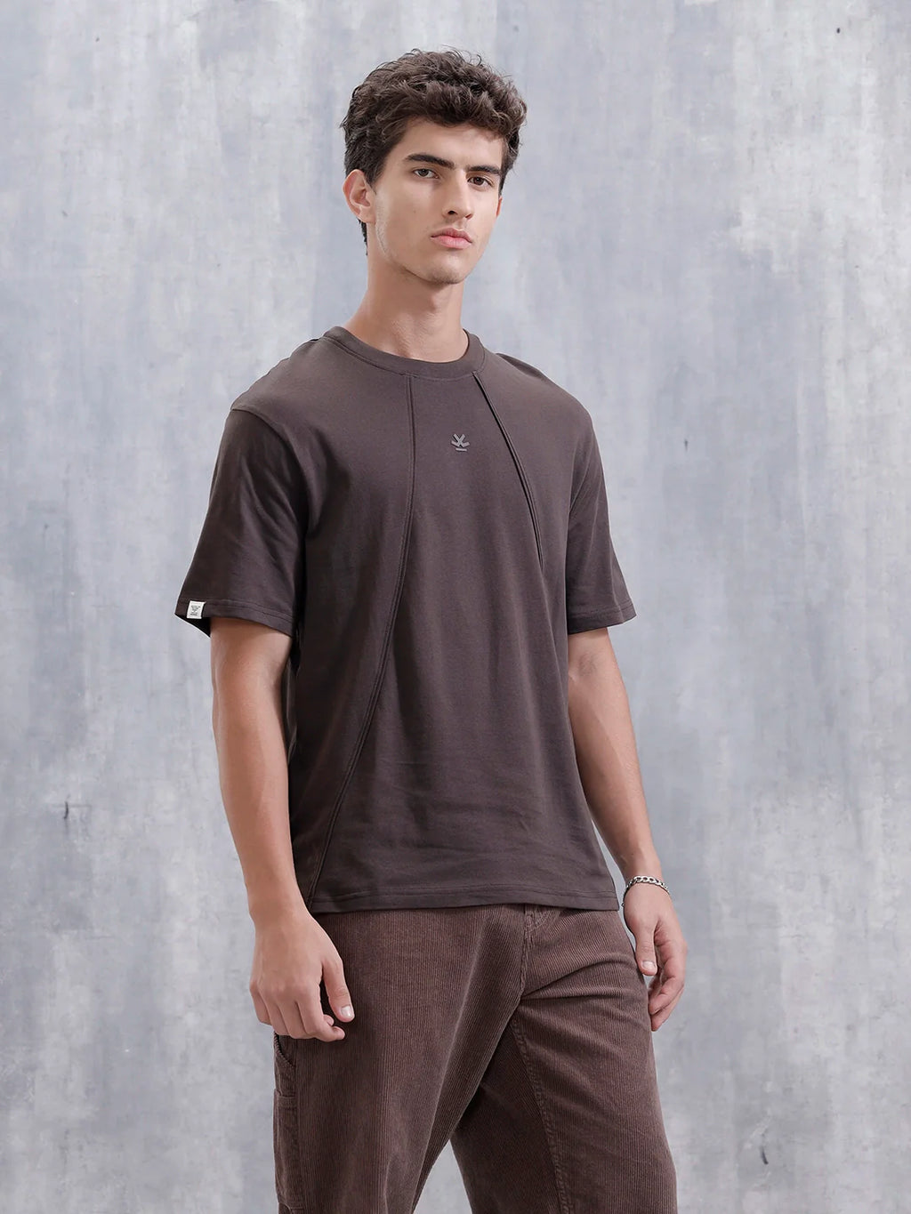 Men Solid Comfort Fit Tshirt With Pipping Detail | Dark Brown
