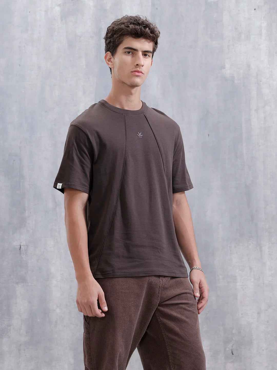 Men Solid Comfort Fit Tshirt With Pipping Detail | Dark Brown