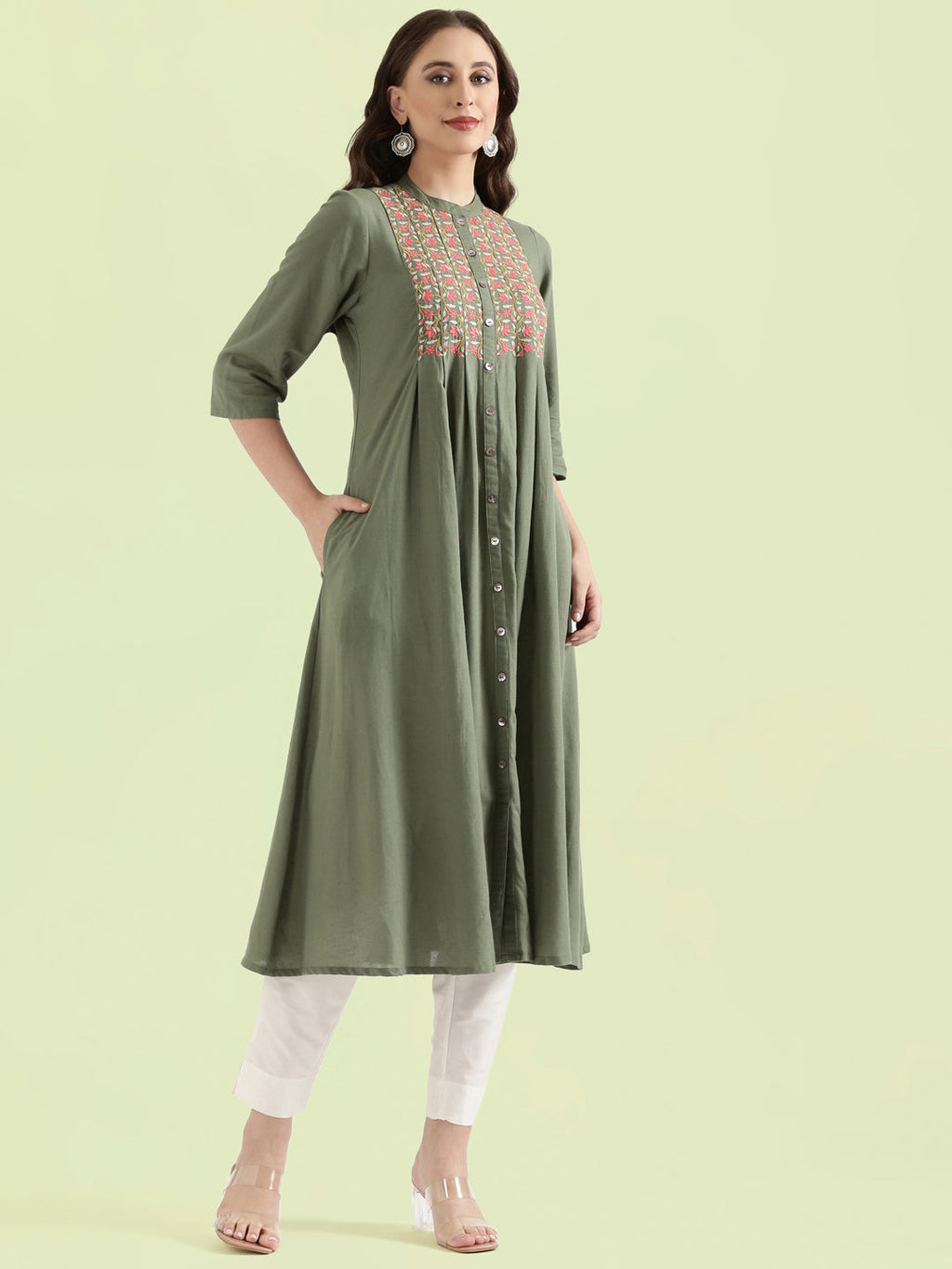 Floral Vine Embroidered Yoke A-Line Long Kurta