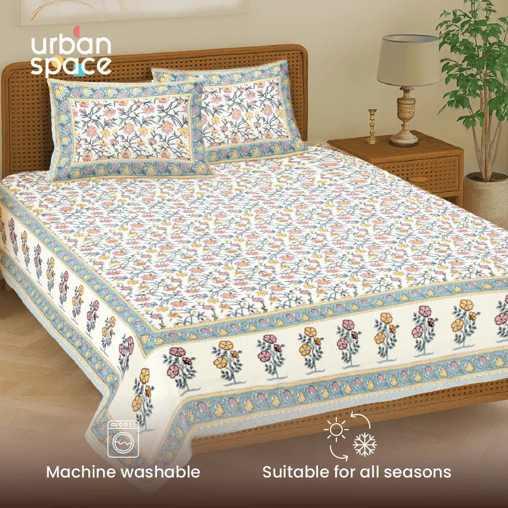 Rajasthani Ethnic 100% Cotton Bedsheet with 2 Pillow Covers, King Bed - Jagmandir Blue