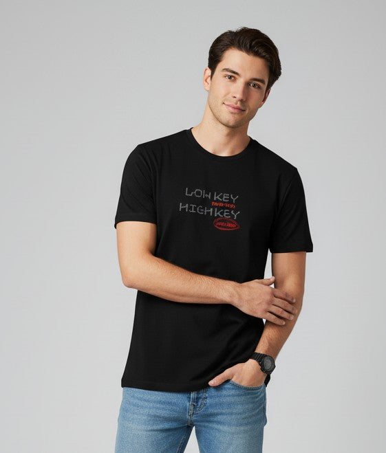 Men Printed Black Cotton Tshirt