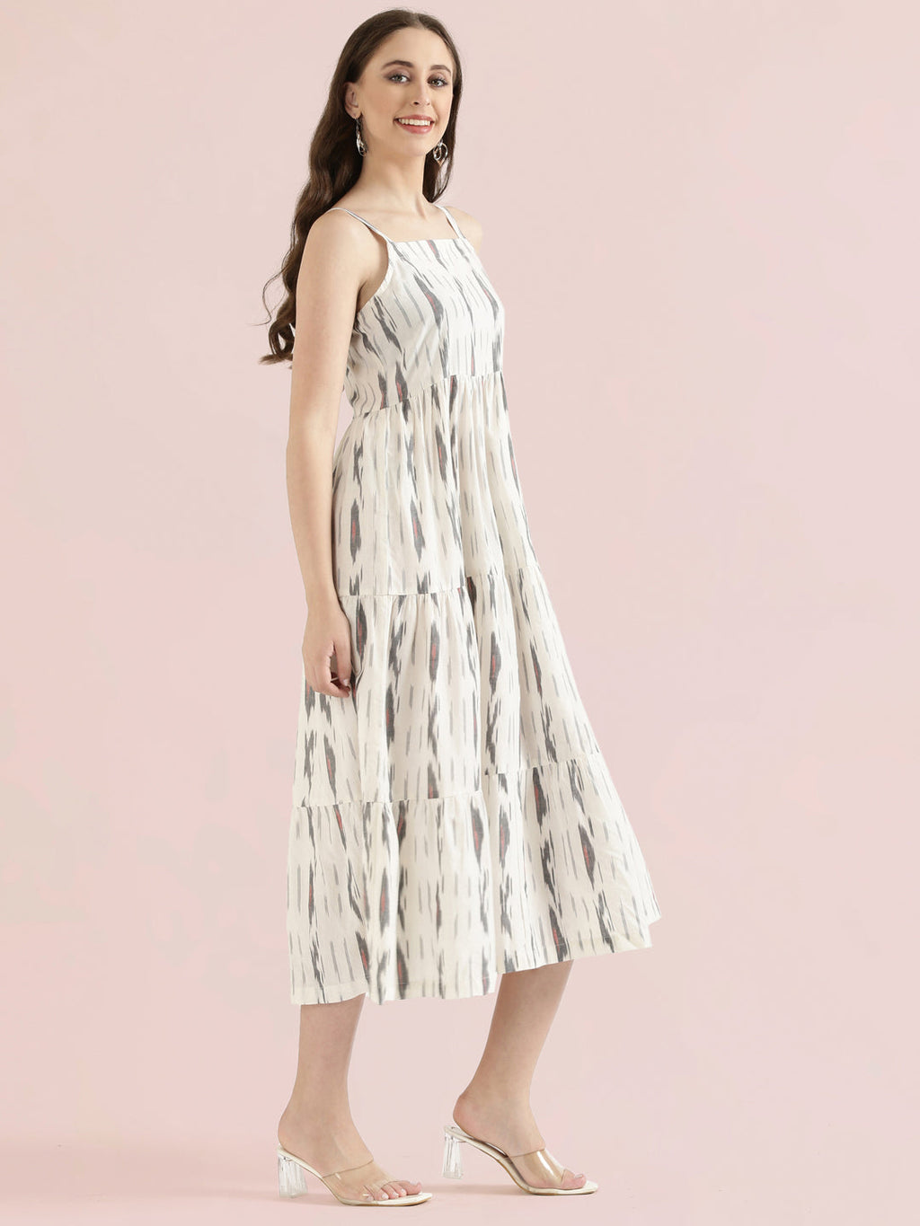 Ikat Print Cotton Smocked Back Tiered Dress