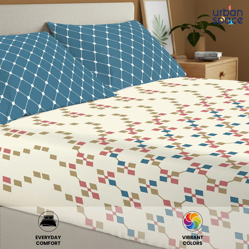 Divine Collection - Cotton Bedsheet With 2 Pillow Covers, Zen Blocks Blue