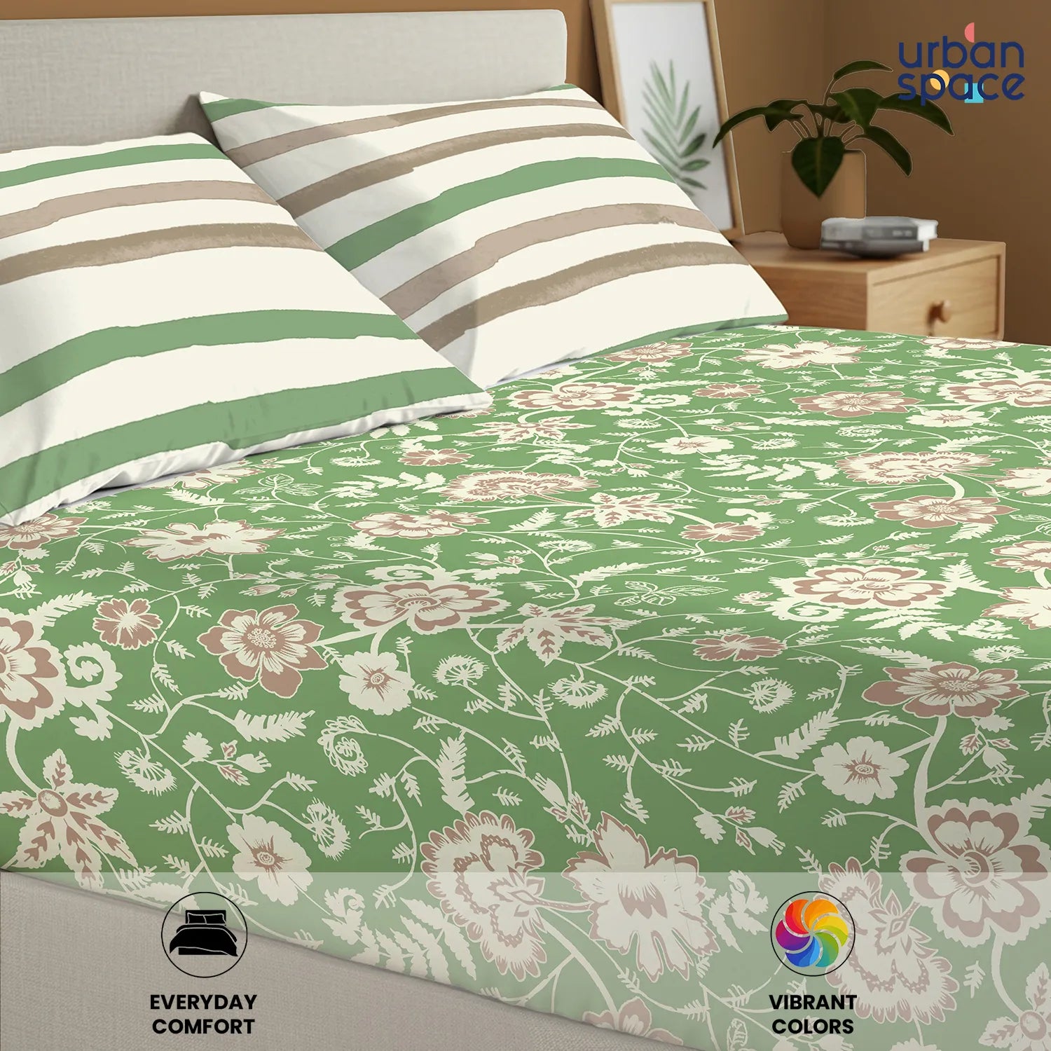 Divine Collection - Cotton Bedsheet With 2 Pillow Covers, Viola Sage Green