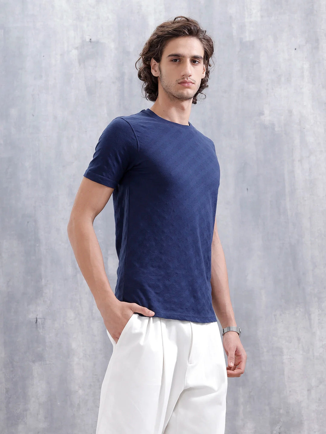 Geometric Jacquard Slim Fit Cotton Blend Shirt | Navy Blue
