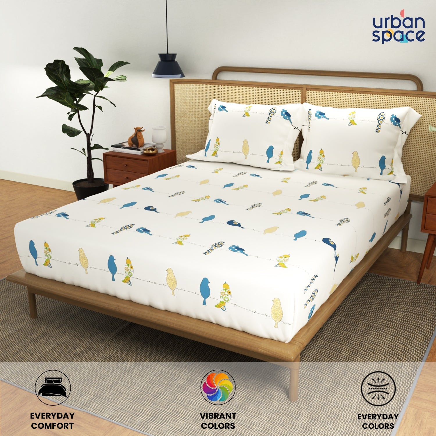 Divine Collection - Cotton Bedsheet With 2 Pillow Covers, Humming Bird Blue