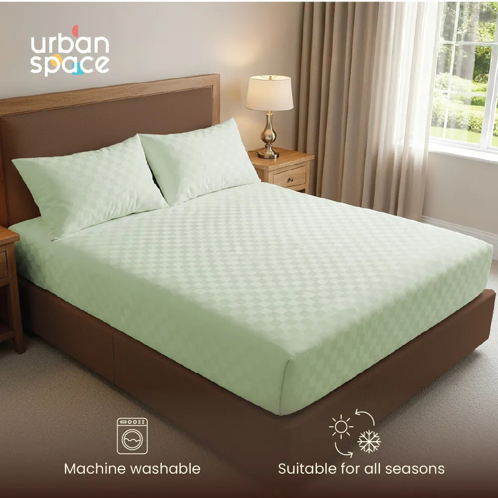 300 TC Super Soft King Bedsheet, Self Woven Cubes Design - Tea Green Cubes