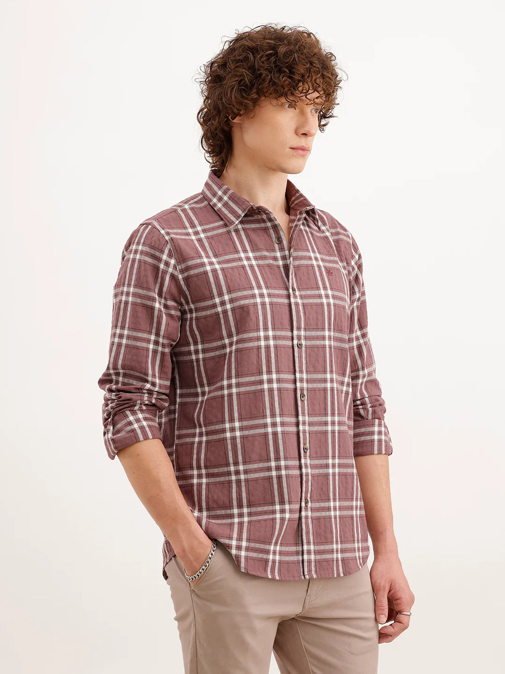 Slim Fit Checkered Shirt  | Peach