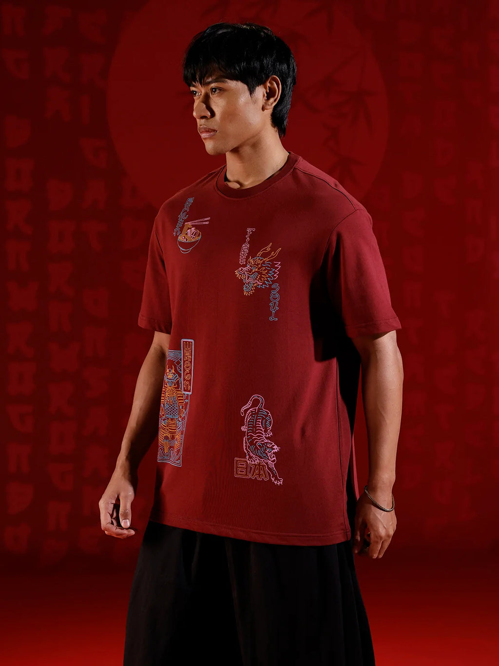 Oversize tshirt with warrior motif prints | Maroon