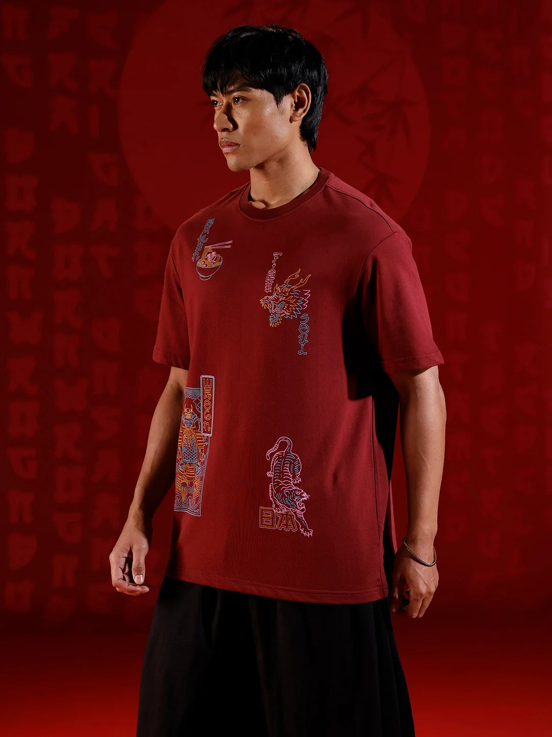 Oversize tshirt with warrior motif prints | Maroon