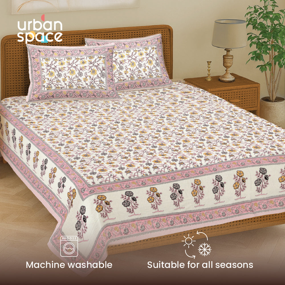 Rajasthani Ethnic 100% Cotton Bedsheet with 2 Pillow Covers, King Bed - Jagmandir Pink