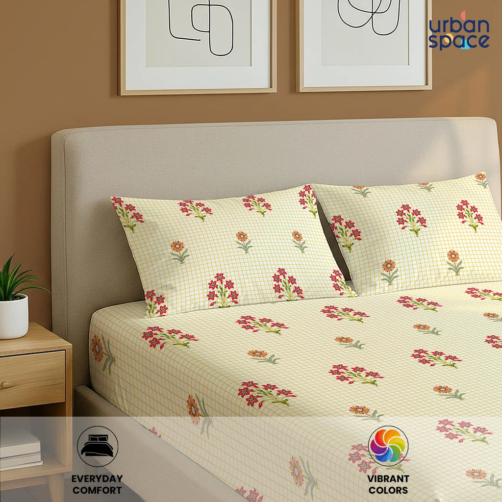 Divine Collection - Cotton Bedsheet With 2 Pillow Covers, Magnolia Yellow