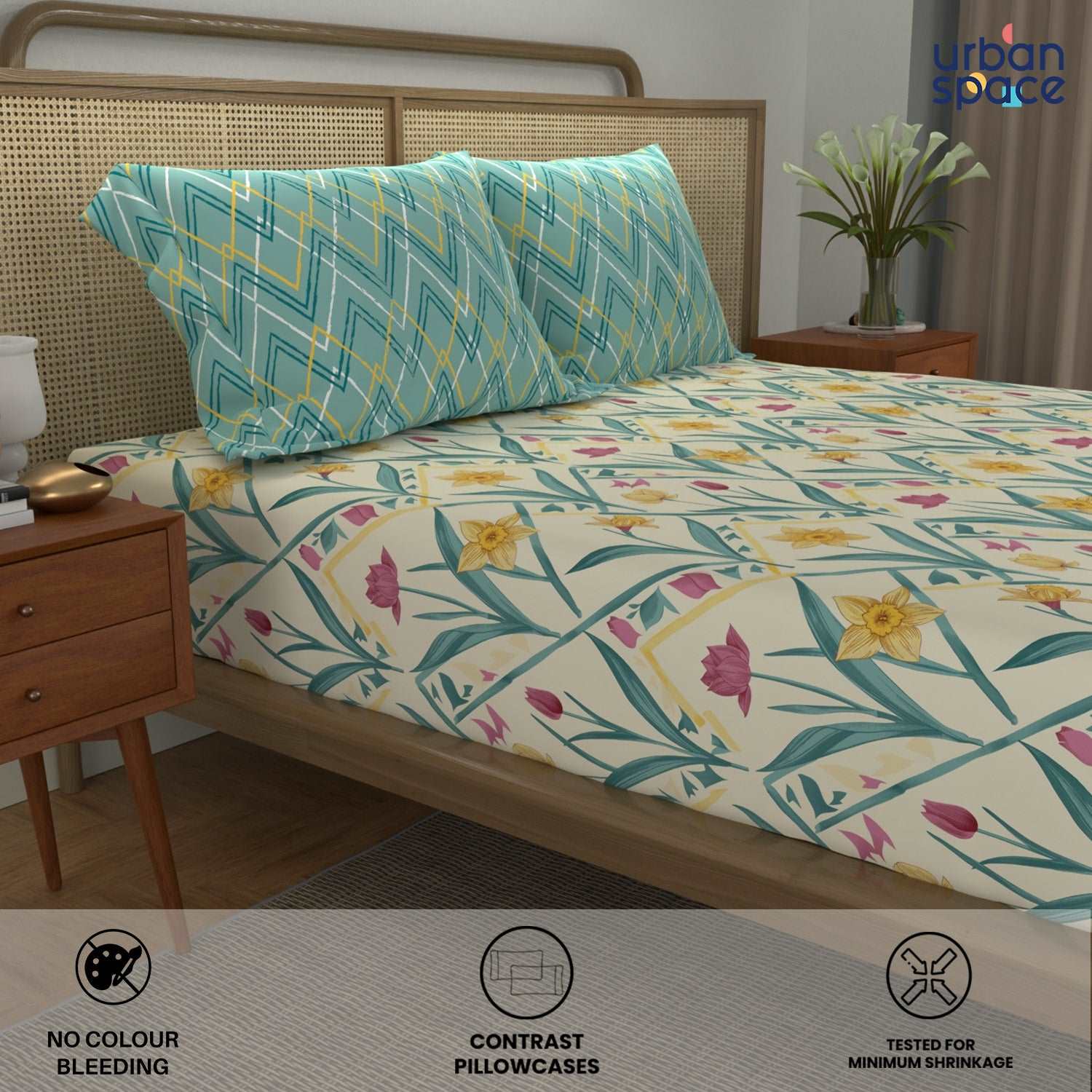 Divine Collection - Cotton Bedsheet With 2 Pillow Covers, Spring Turquoise