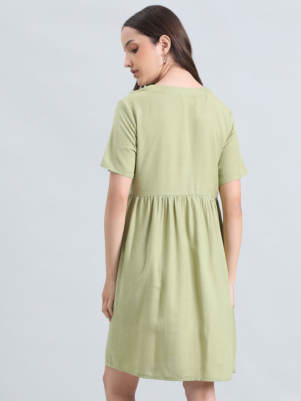 Linen V-Neck Regular Fit Short Dress