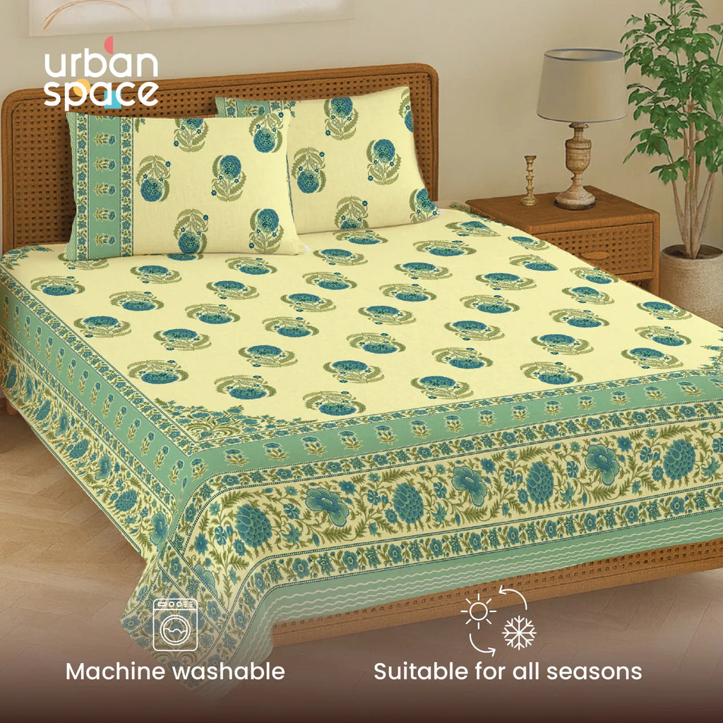 Rajasthani Ethnic 100% Cotton Bedsheet with 2 Pillow Covers - Chandbali Sage Green