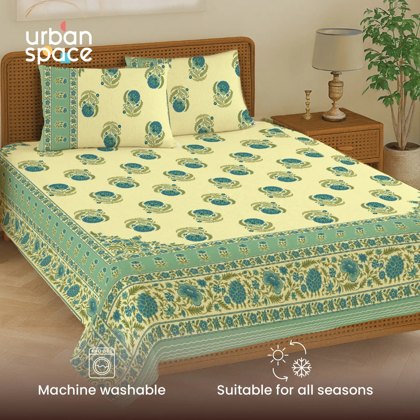 Rajasthani Ethnic 100% Cotton Bedsheet with 2 Pillow Covers - Chandbali Sage Green
