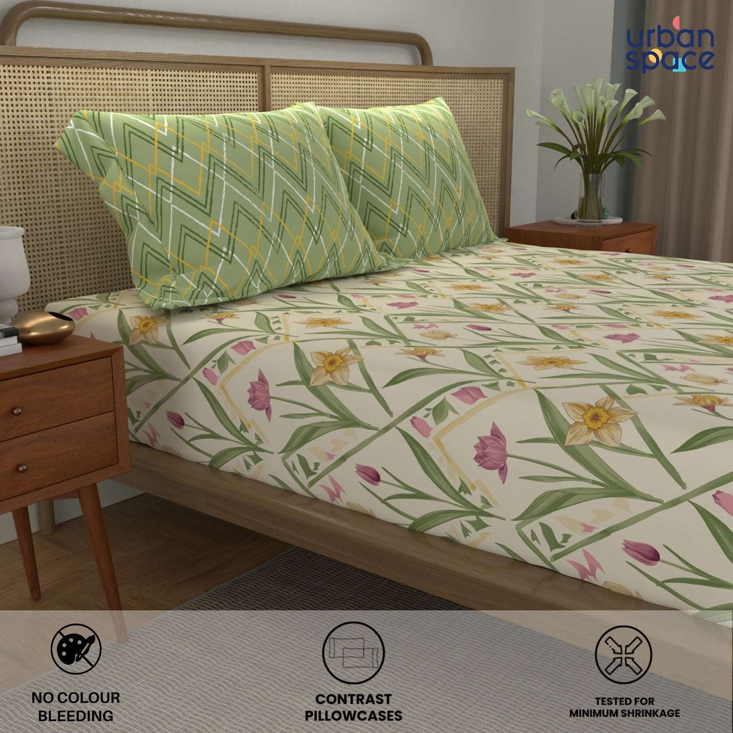 Divine Collection - Cotton Bedsheet With 2 Pillow Covers, Spring Sage Green
