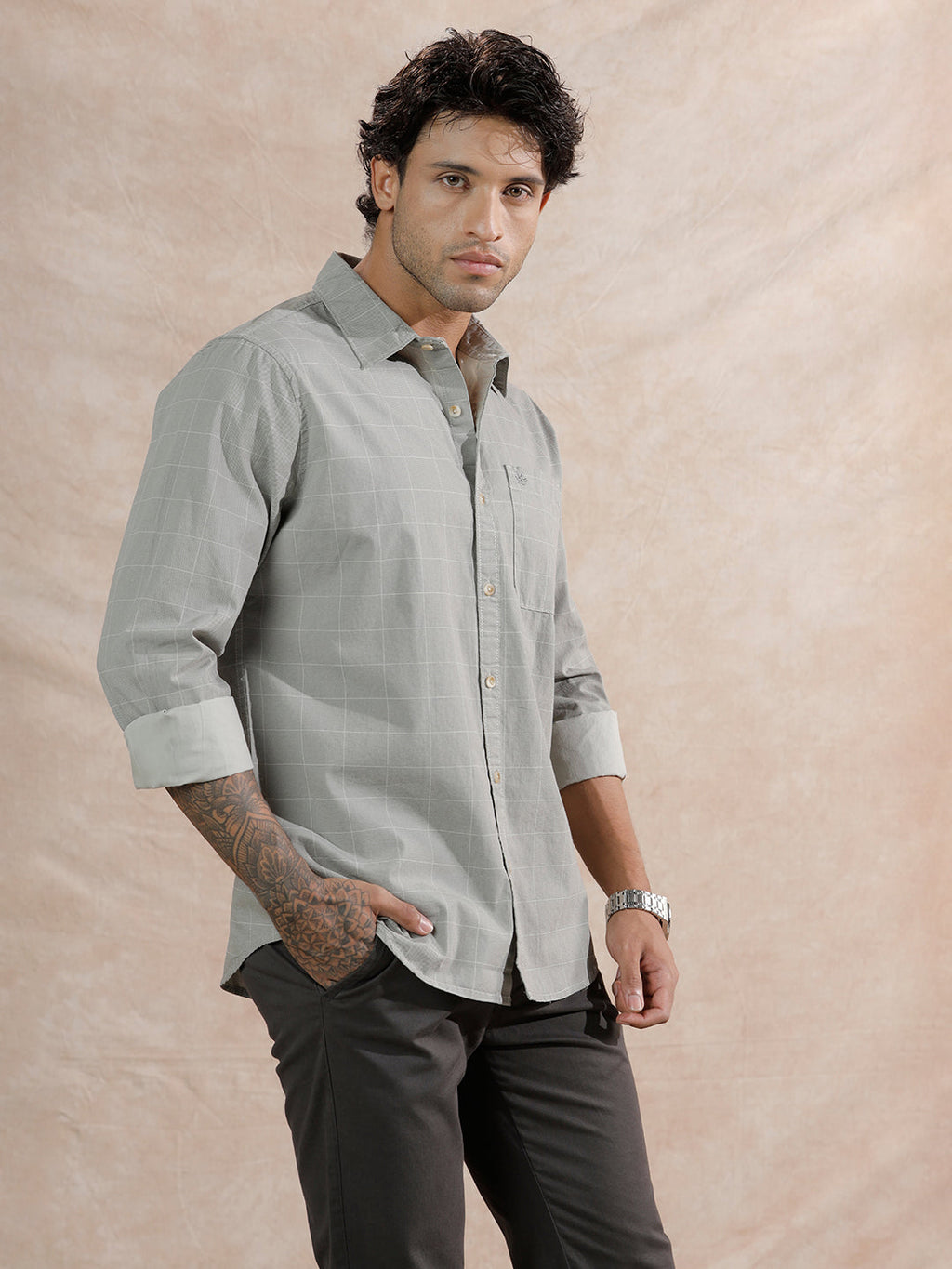 Textured Printed Checks Regular Fit Shirt | Grey
