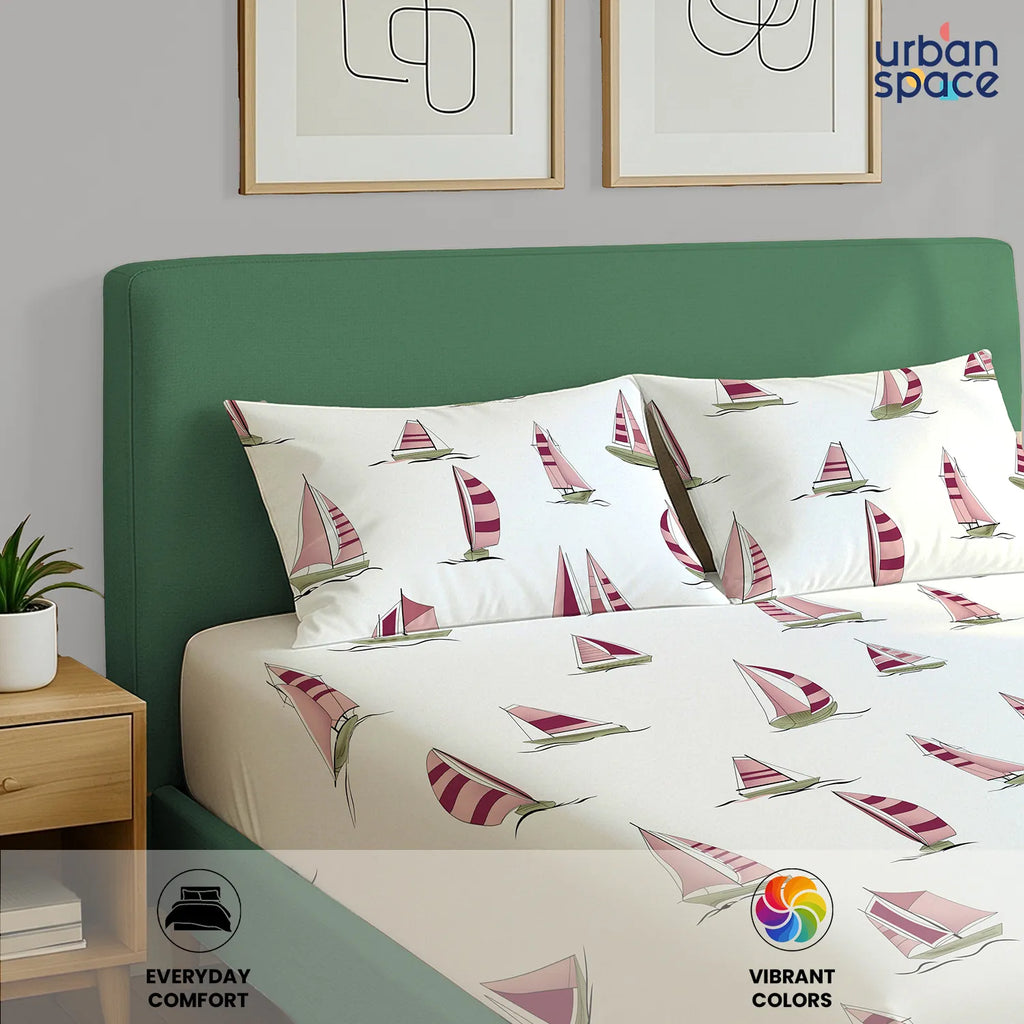Divine Collection - Cotton Bedsheet With 2 Pillow Covers, Ocean Boats Maroon