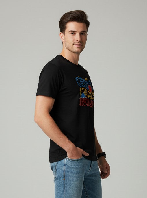 Men Printed Black Cotton Tshirt