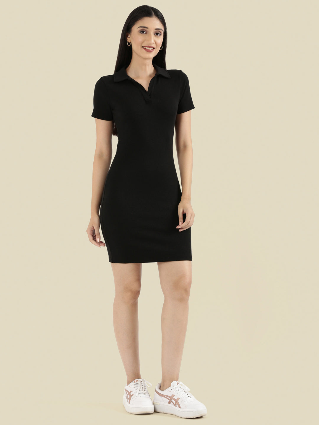 Rib Cotton Slim Fit Polo Neck Short Dress