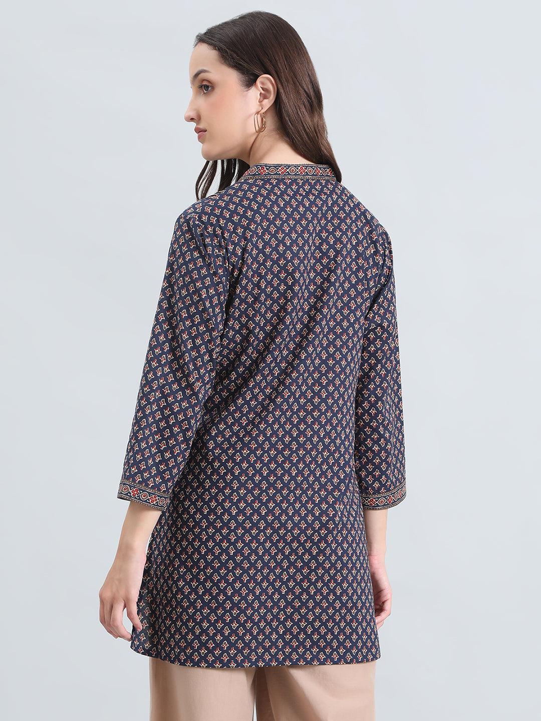 Cotton Ajrakh Buti Print Pintuck Short Kurti