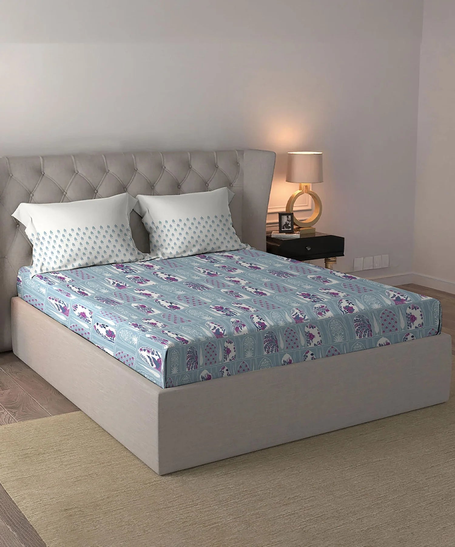 Celebration Queen Bedsheet Set, Aangan Blue | 144 TC Cotton| 2 Pillow Covers