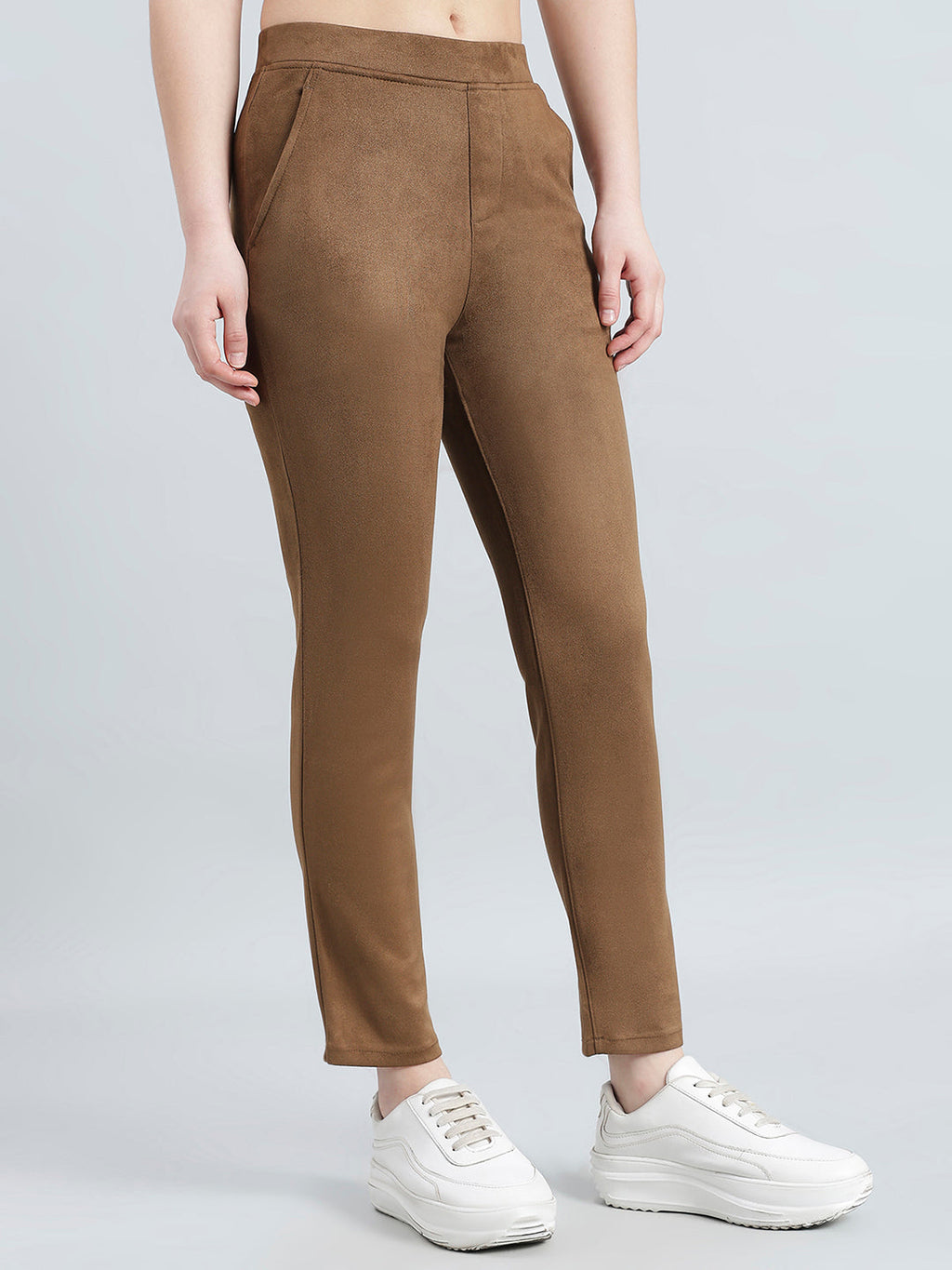 Brown Poly Stretch Suede Tregging