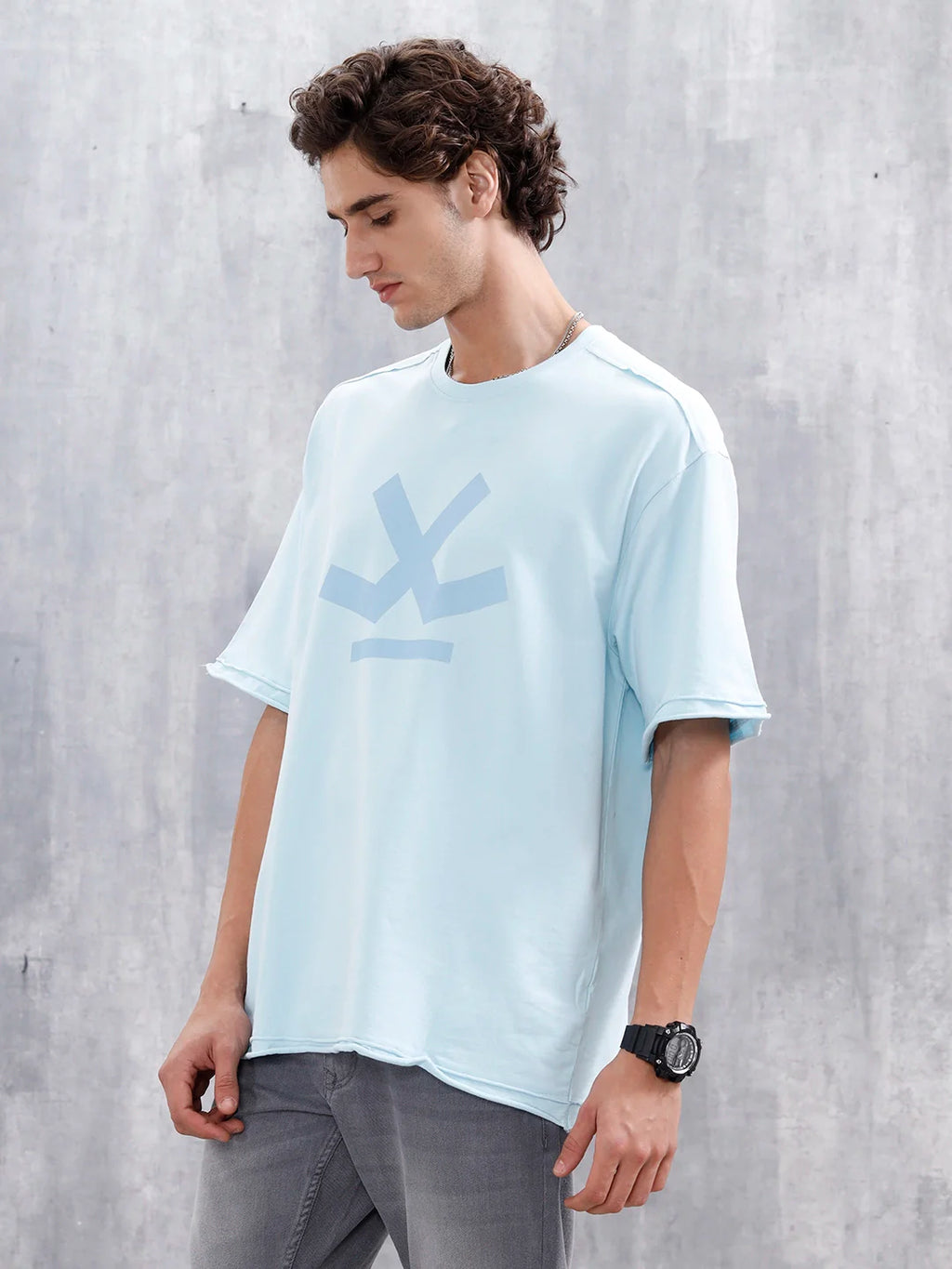 Wrogn Logo Raw-Edged Tee | Light Blue