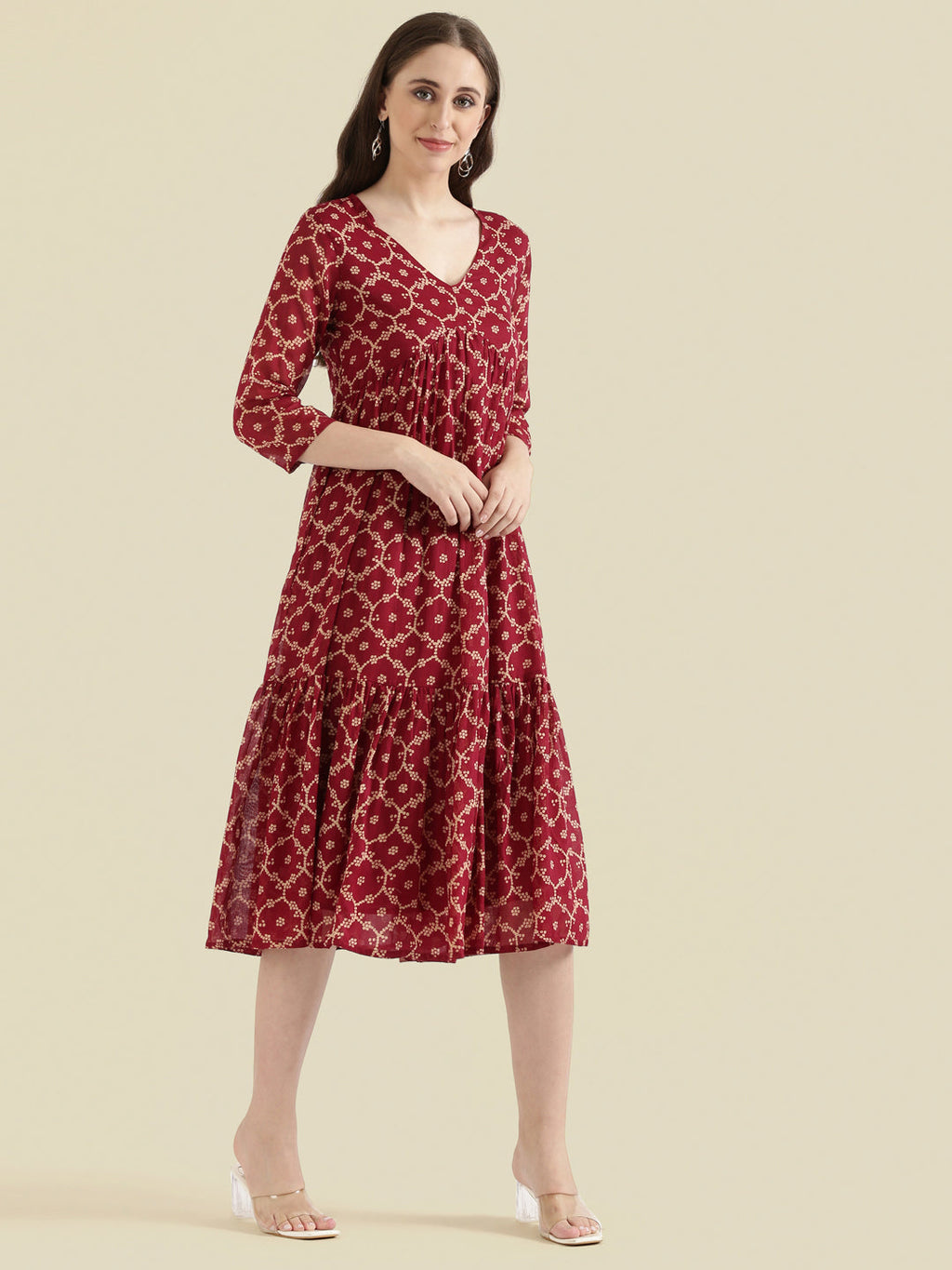 Cotton Voile Block Print V-Neck Gathered Tiered Midi Dress