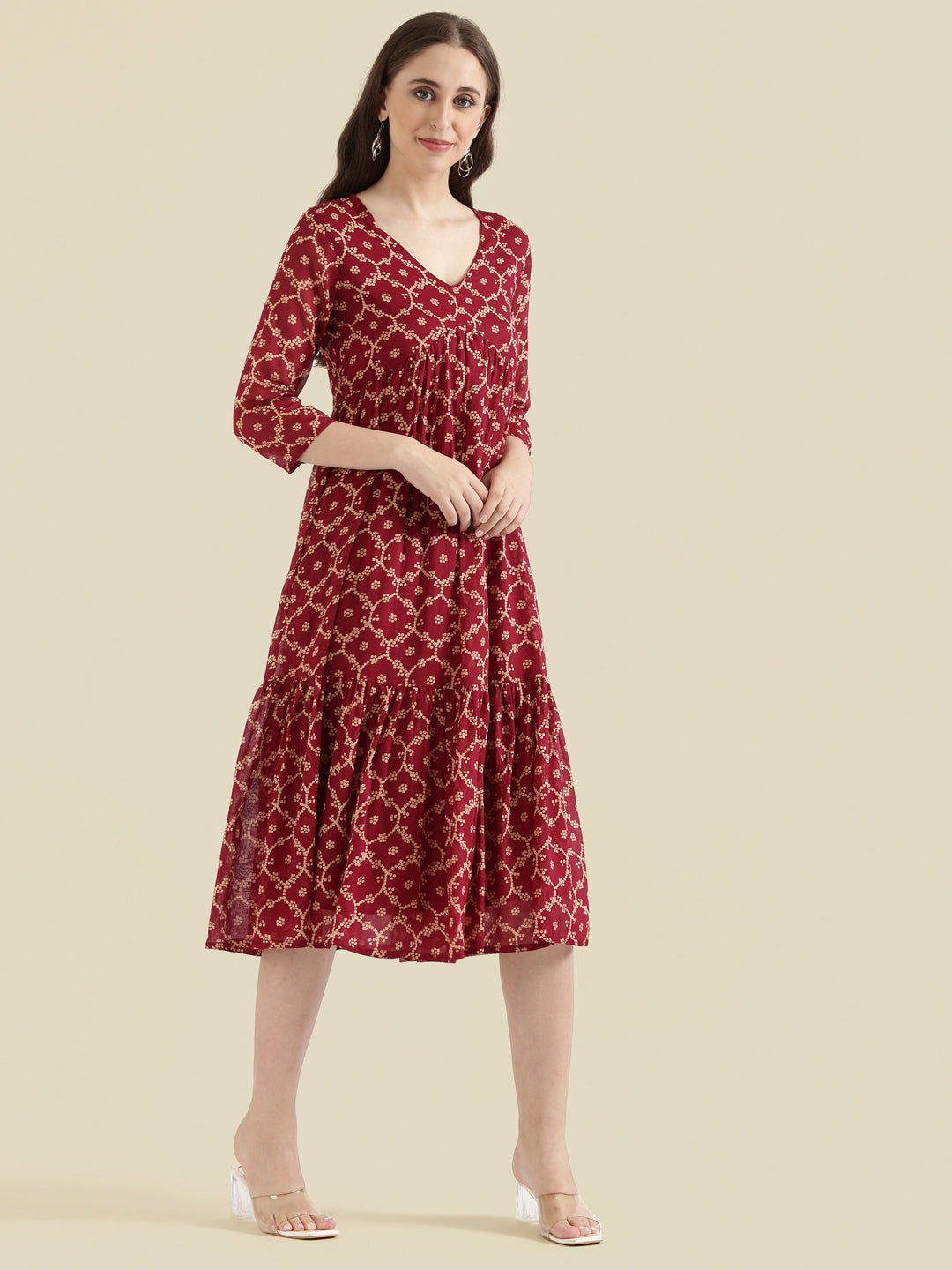 Cotton Voile Block Print V-Neck Gathered Tiered Midi Dress