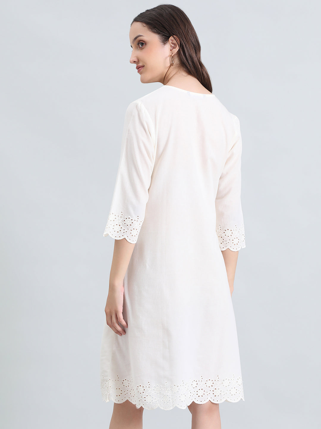 Cambric Cotton Pin-Tuck Schiffli Hakoba Midi Dress