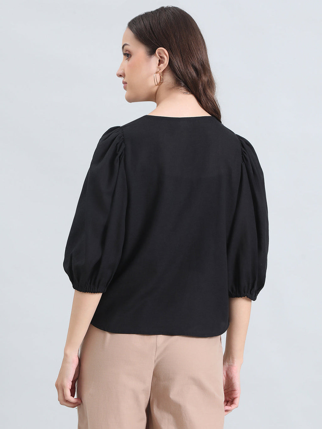 Linen Puff Sleeve Crew Neck Shirt
