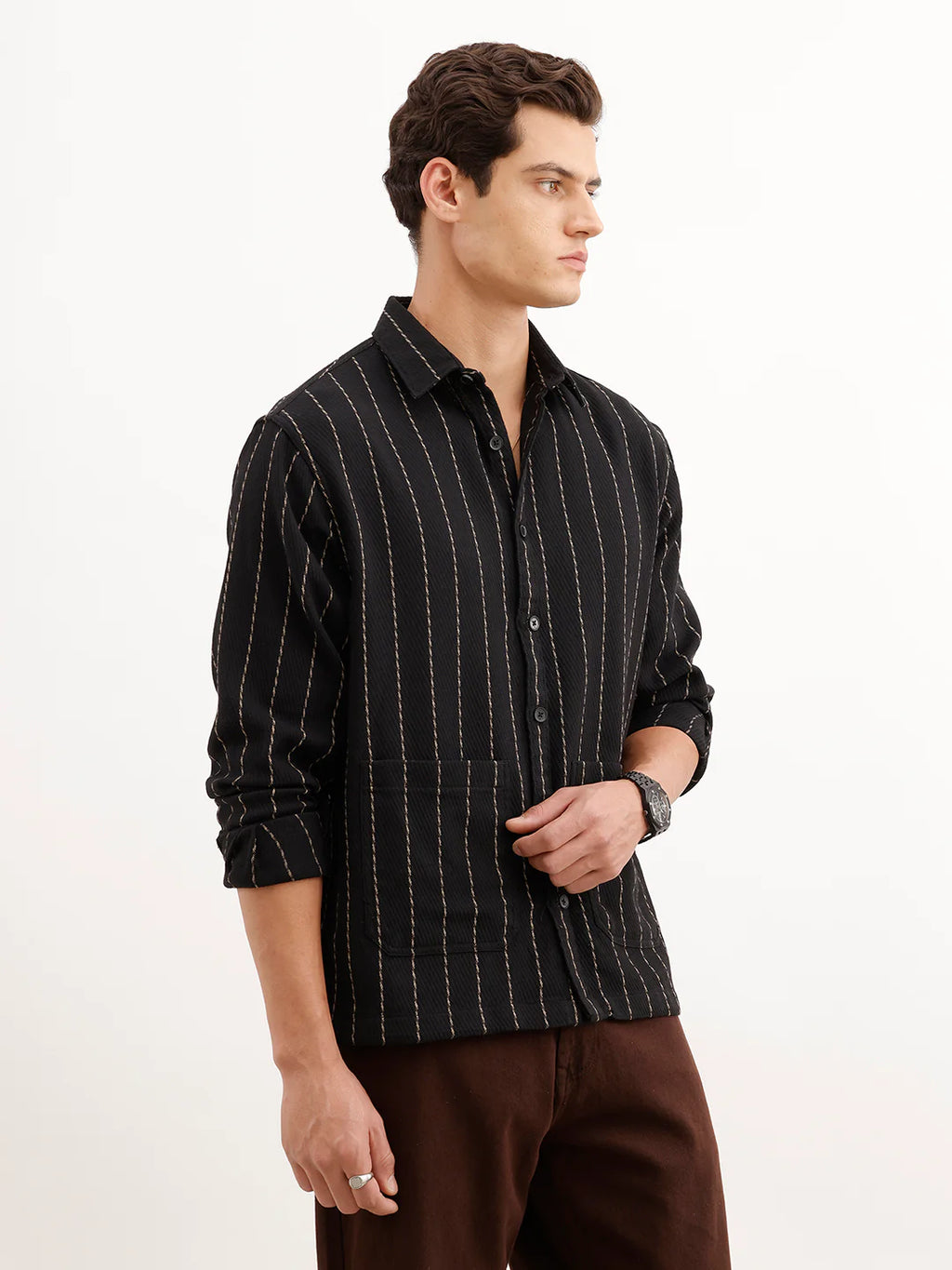 Comfort Fit Striped Textured Shirt  | Black