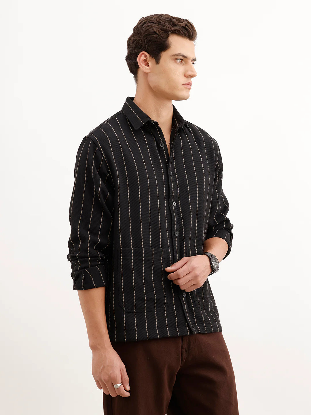 Comfort Fit Striped Textured Shirt  | Black