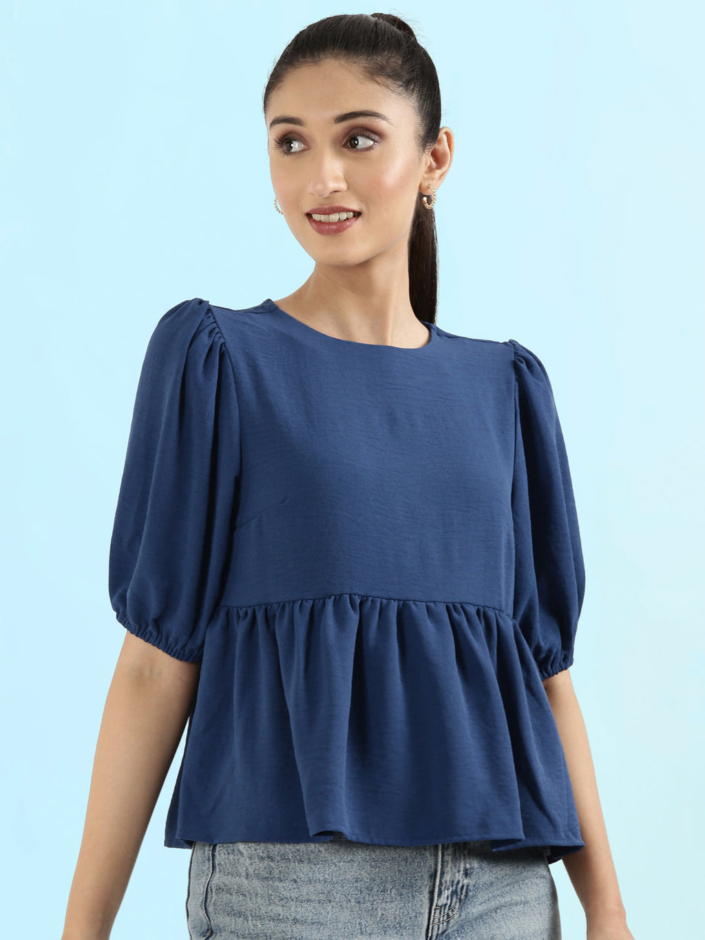 Hammered Crew Neck Peplum Top