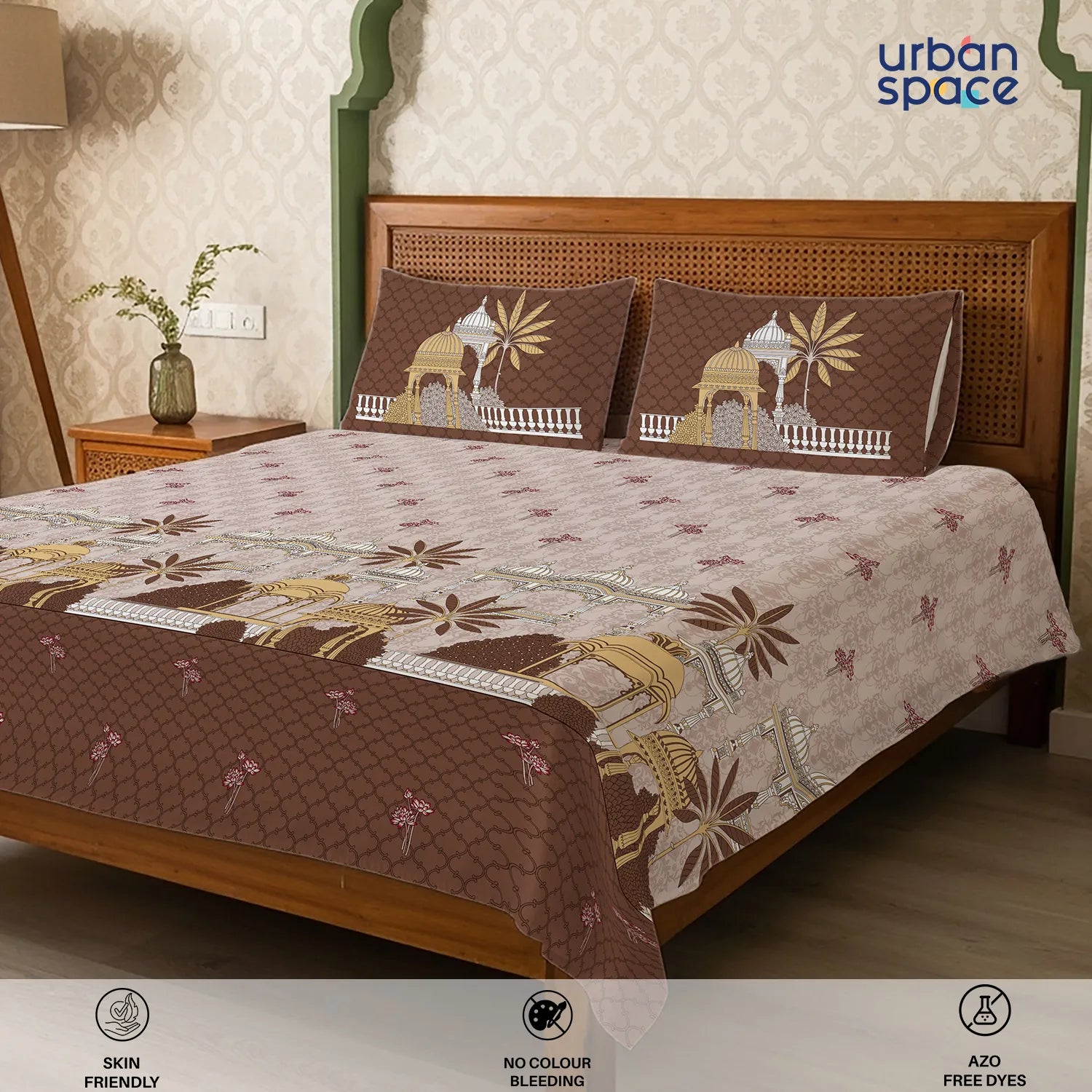 Serene 300 TC 100% Cotton Bedsheet with Pillow Covers, Panel Design - Aangan Brown