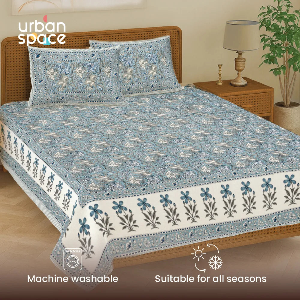 Rajasthani Ethnic 100% Cotton Bedsheet with 2 Pillow Covers, Double & King Bed - Rangrez Blue