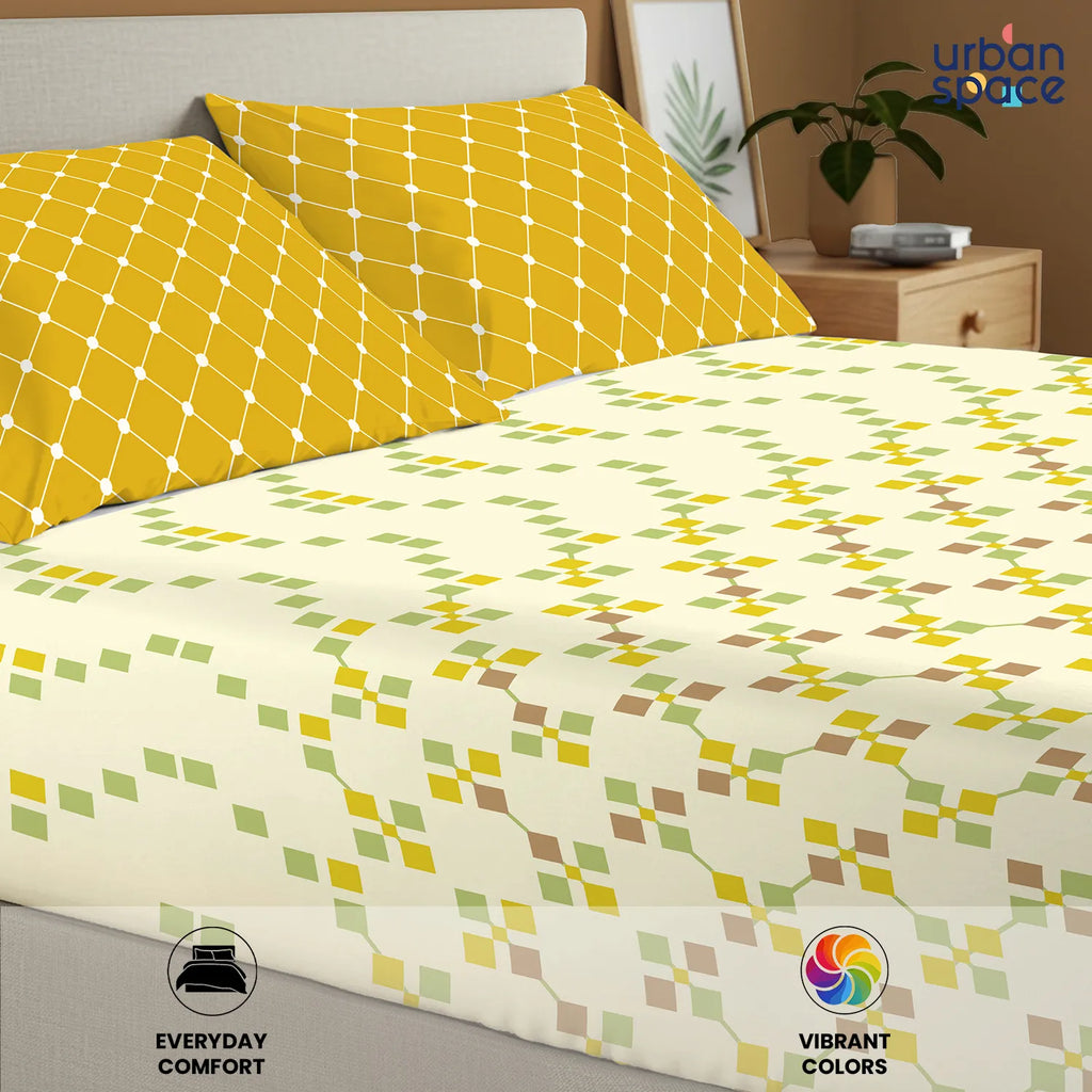Divine Collection - Cotton Bedsheet With 2 Pillow Covers, Zen Blocks Yellow
