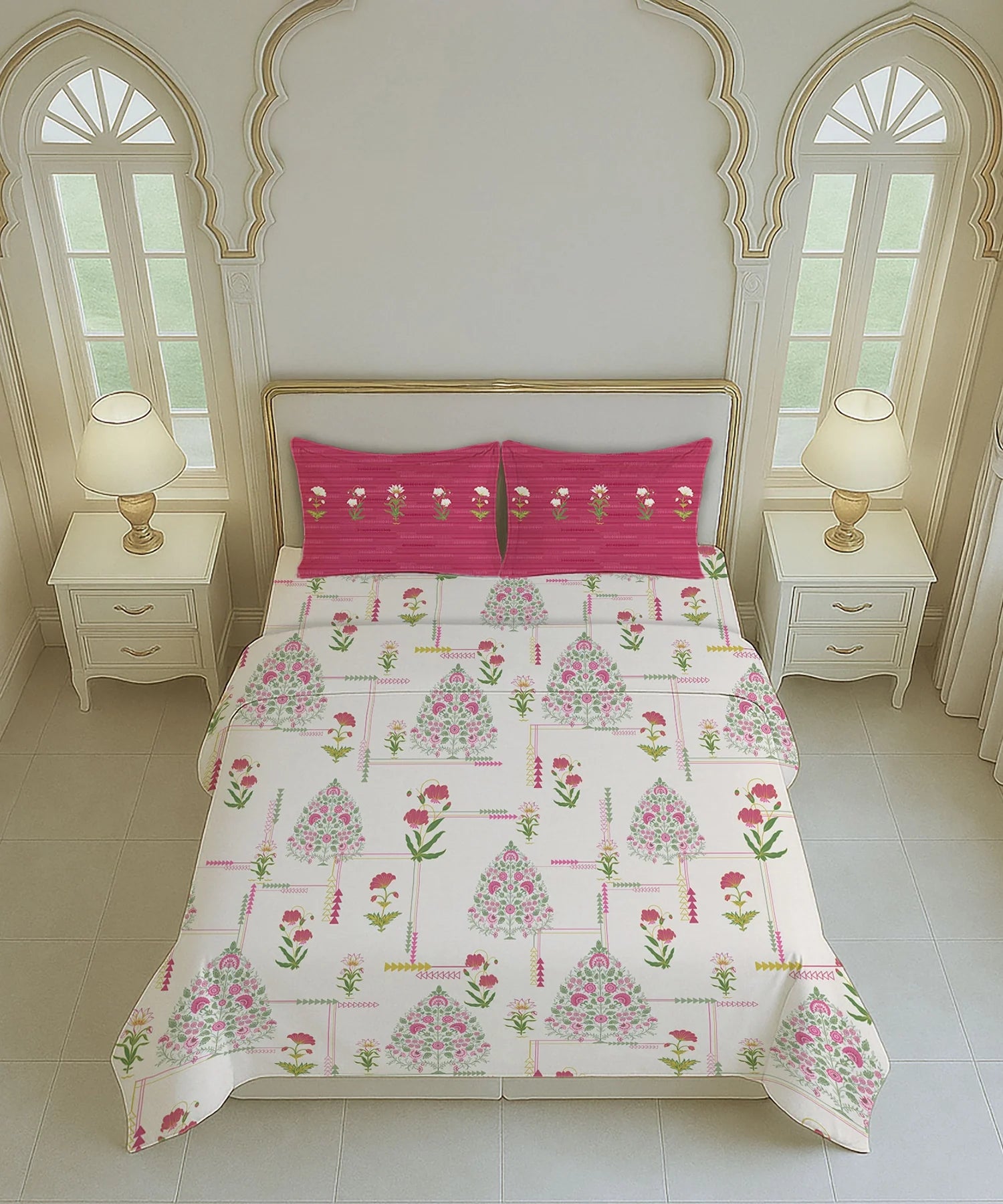 Home Essential Royal Bloom Queen Bedsheet Set, Gilded Dream Pink| 144TC Cotton| 2 Pillow Covers