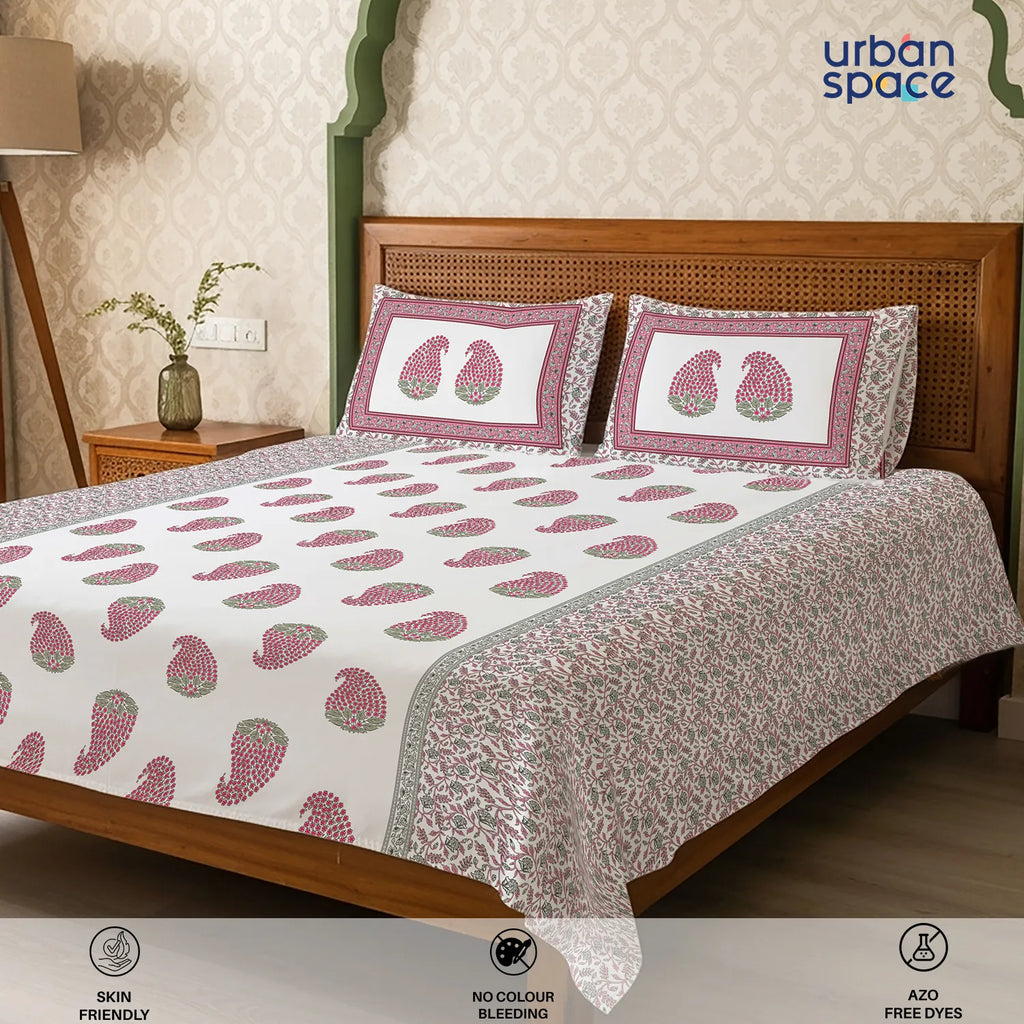 Serene 300 TC 100% Cotton Bedsheet with Pillow Covers, Panel Design - Kairavi Pink