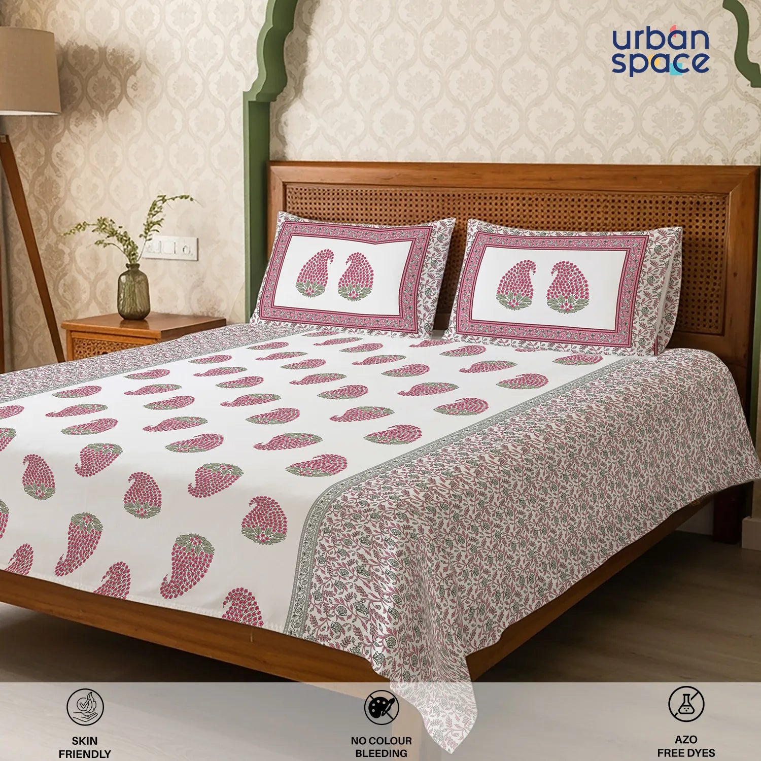 Serene 300 TC 100% Cotton Bedsheet with Pillow Covers, Panel Design - Kairavi Pink