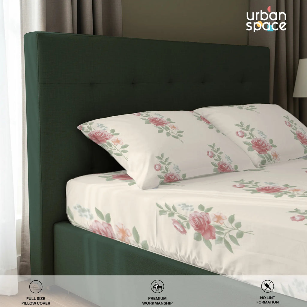 Serene 200 TC 100% Cotton Bedsheet with Pillow Covers - Vintage Rose Buttercream