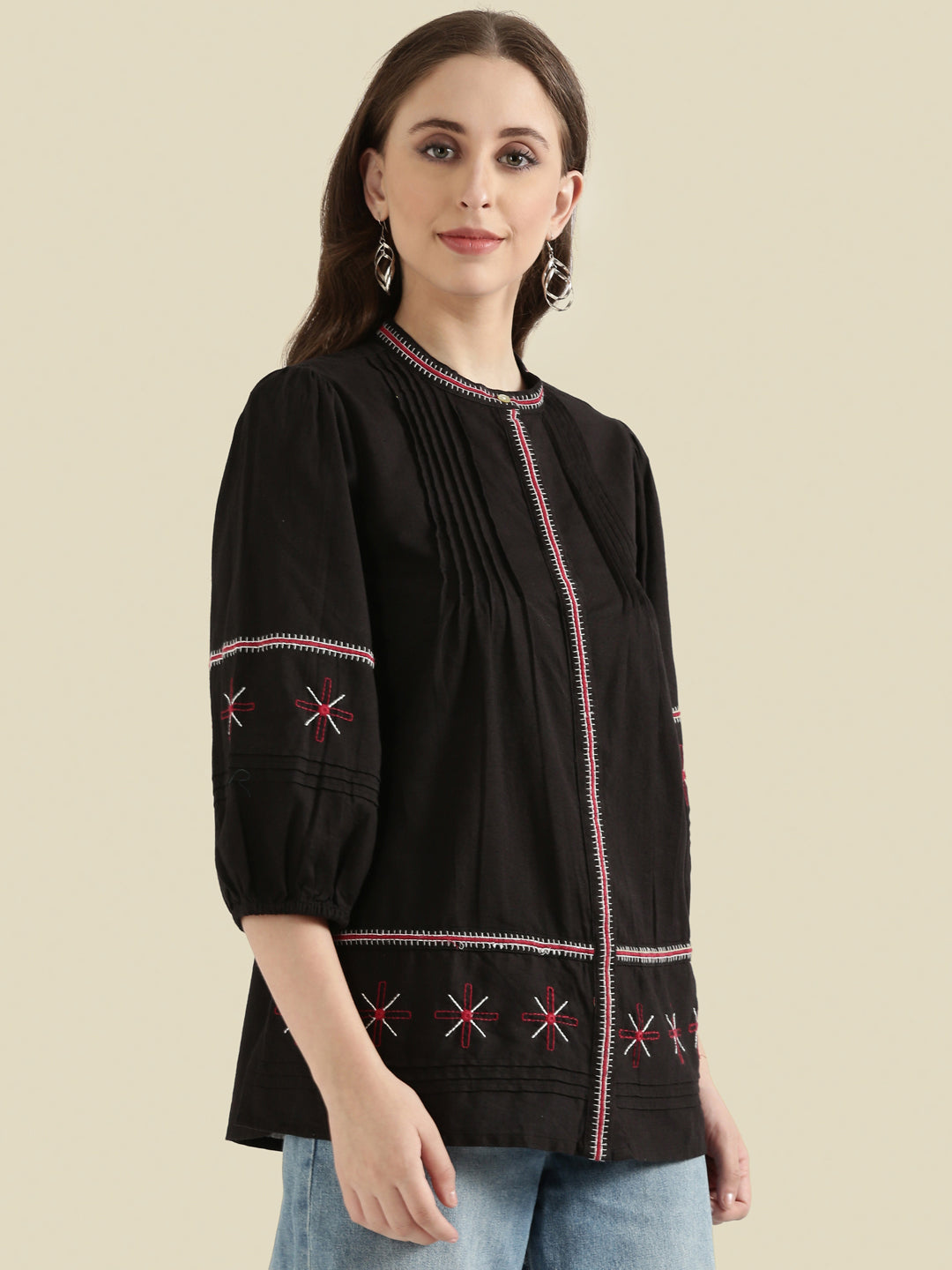 Cotton Embroidered Pintuck Blouse