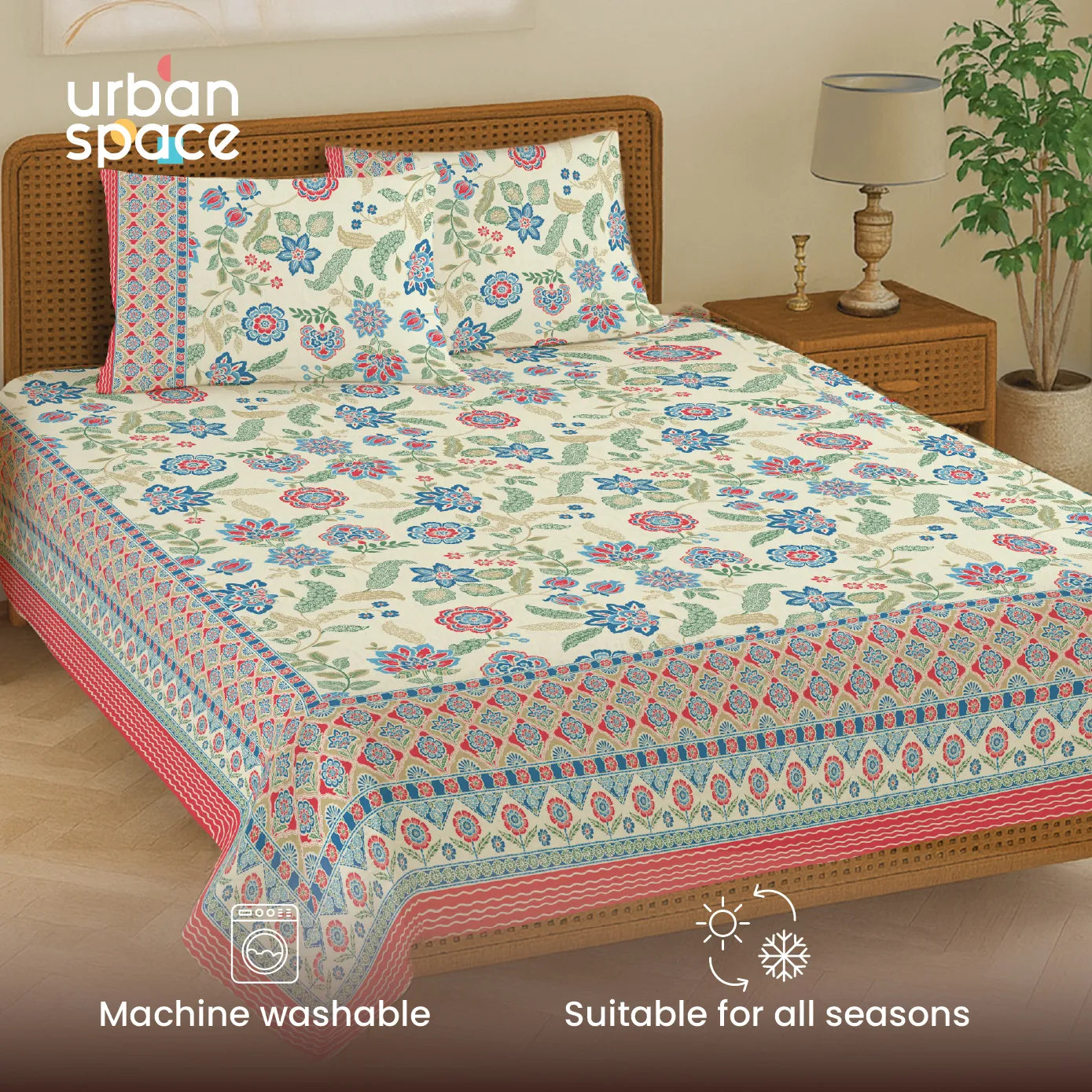 Rajasthani Ethnic 100% Cotton Bedsheet with 2 Pillow Covers - Noorjaal