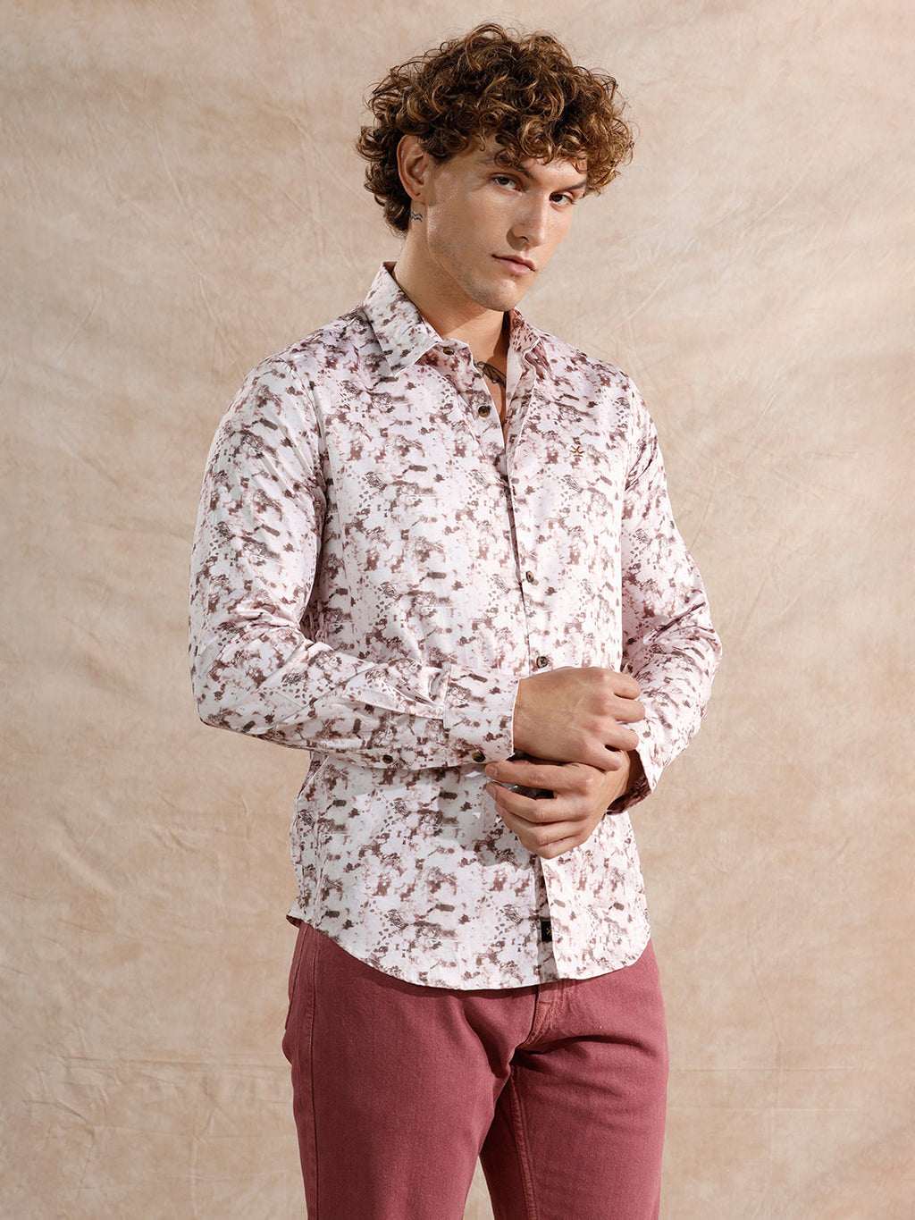 Printed Satin Slim Fit Shirt | Brown