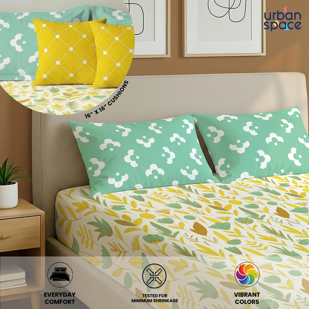 5 PC Cotton Double Bedsheet Set with 2 Pillow + 2 Cushion Covers - Mist Mint Green