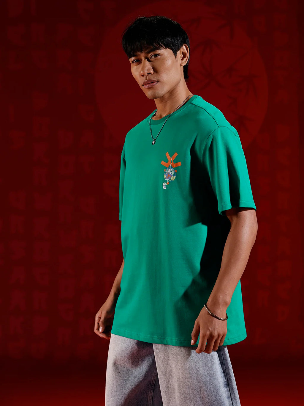 Playful chest print oversized T-shirt | Green
